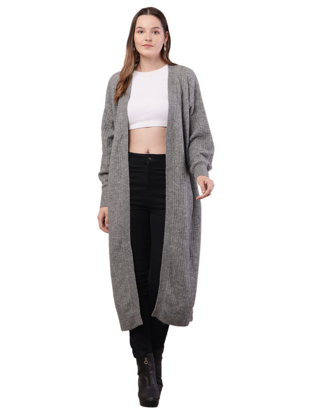 Viscose Full Sleeve with Front open long line Grey Shrug