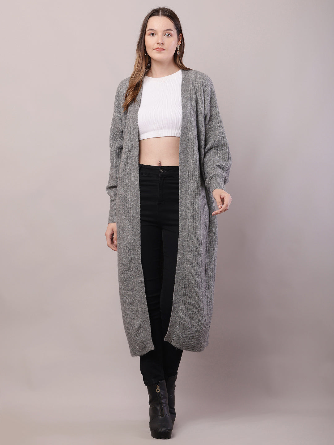 Viscose Full Sleeve with Front open long line Grey Shrug