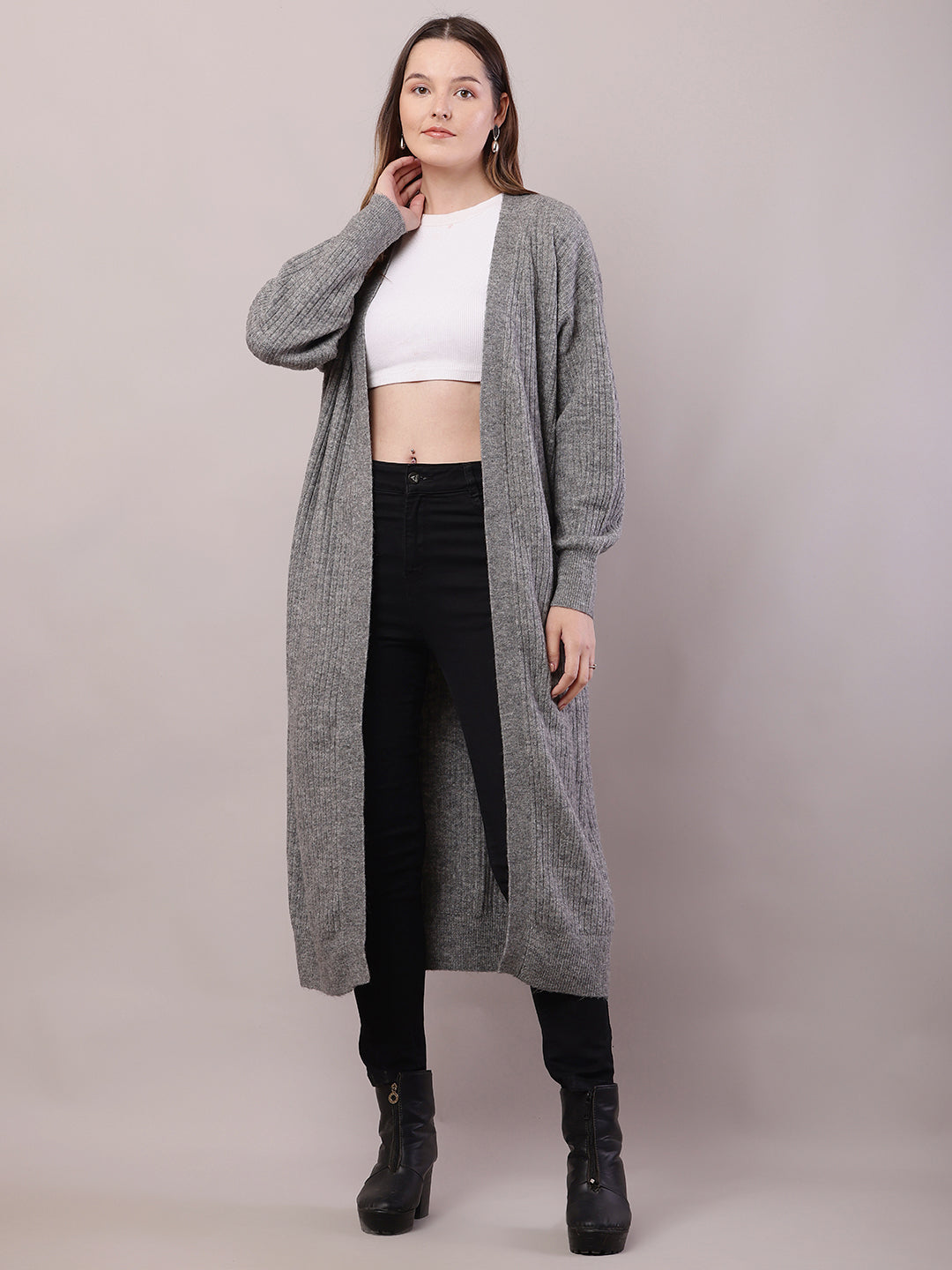 Viscose Full Sleeve with Front open long line Grey Shrug