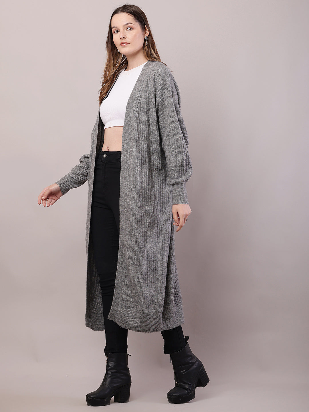 Viscose Full Sleeve with Front open long line Grey Shrug