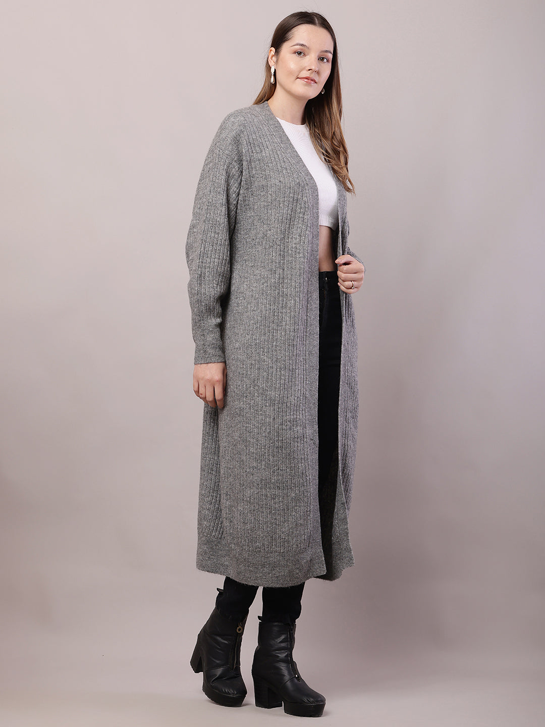 Viscose Full Sleeve with Front open long line Grey Shrug
