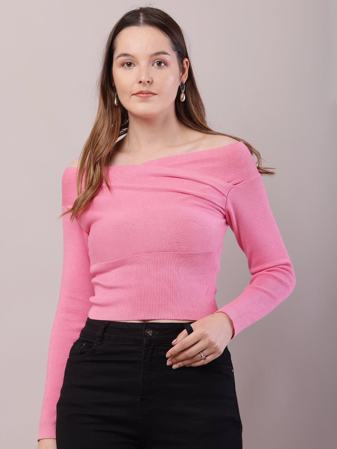 Viscose Full Sleeve with off-shoulder Pink Top