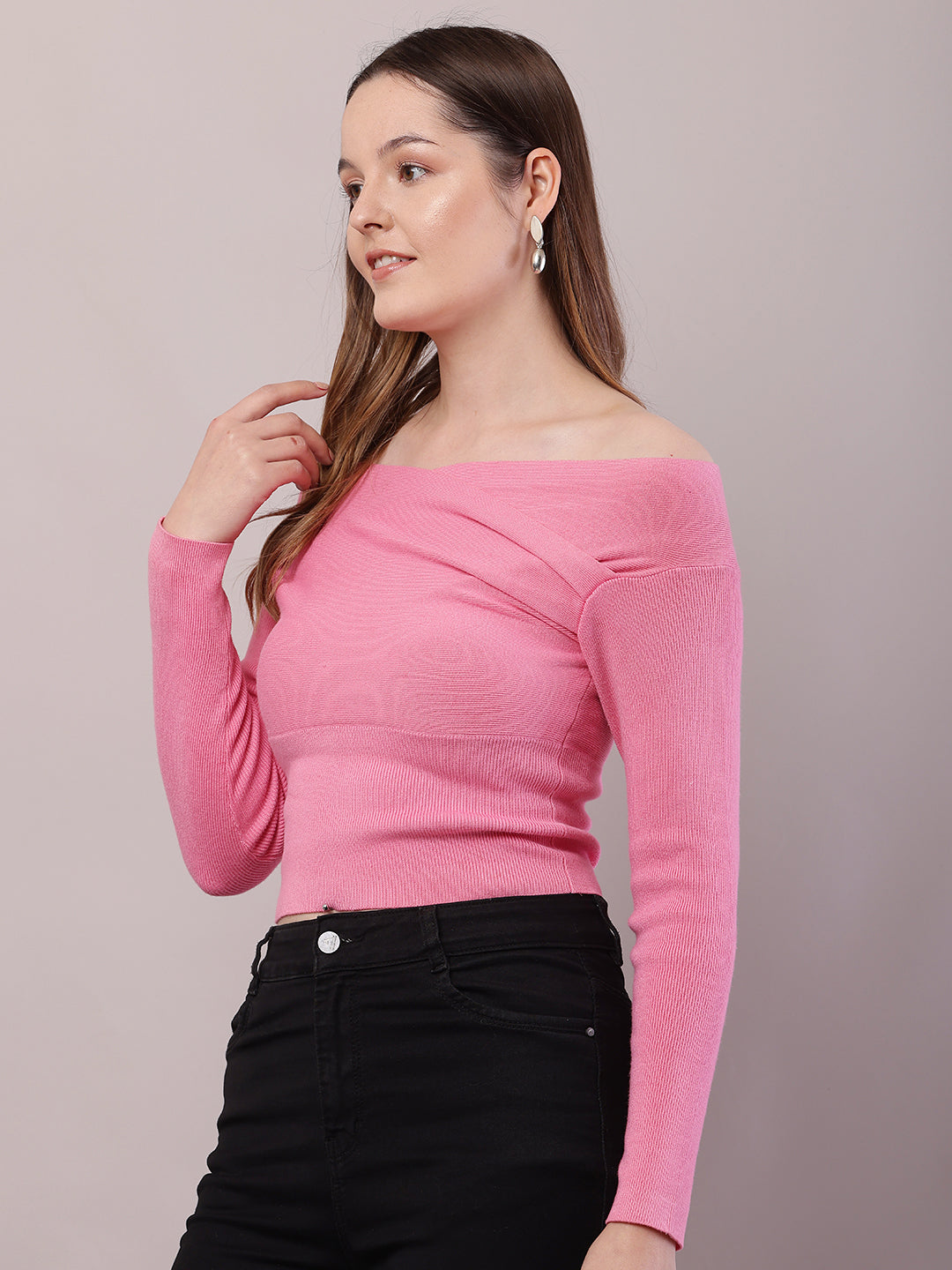 Viscose Full Sleeve with off-shoulder Pink Top