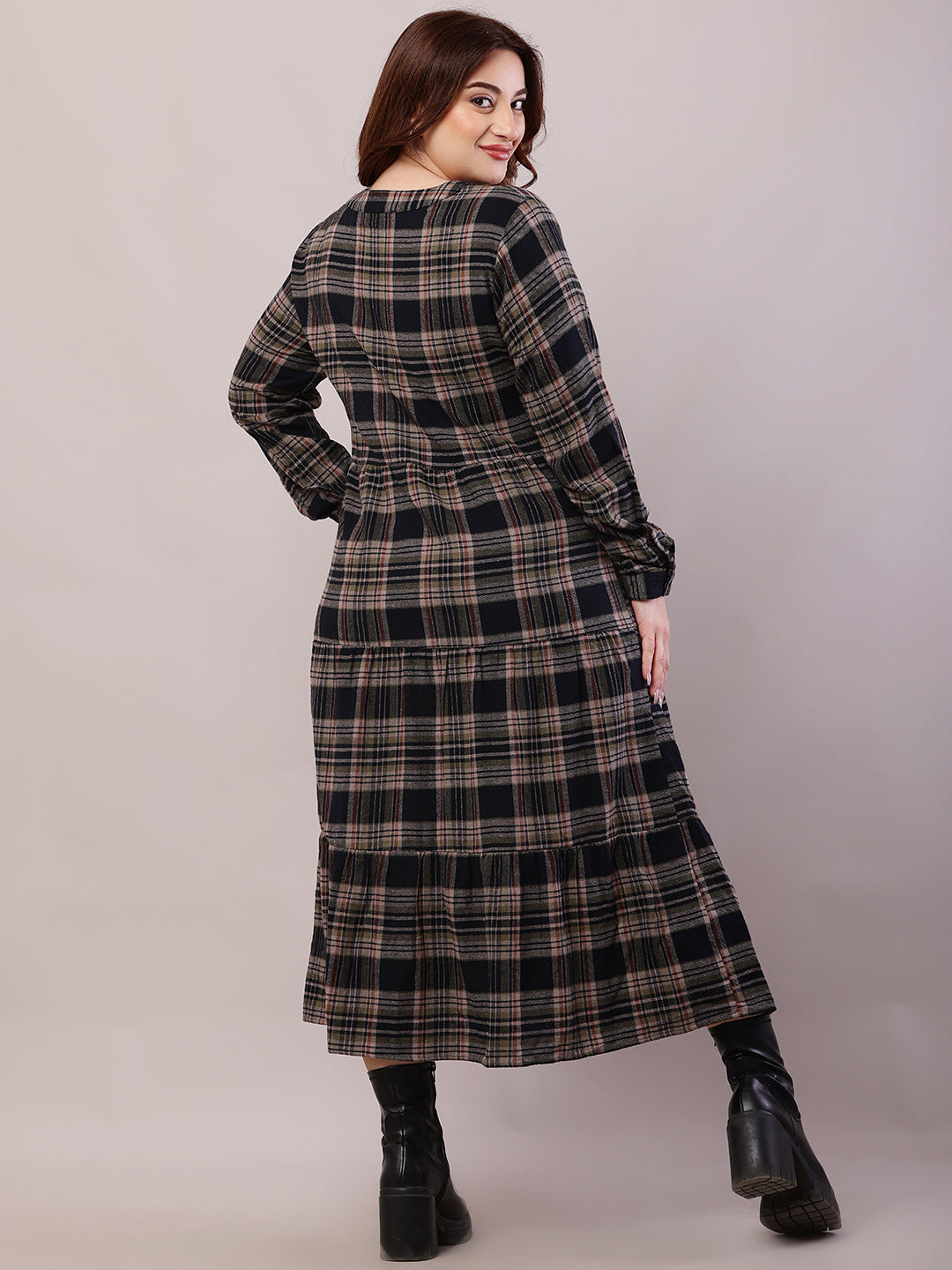 Cotton Full Sleeve with V-Neck Multicolour Checked Midi Dress