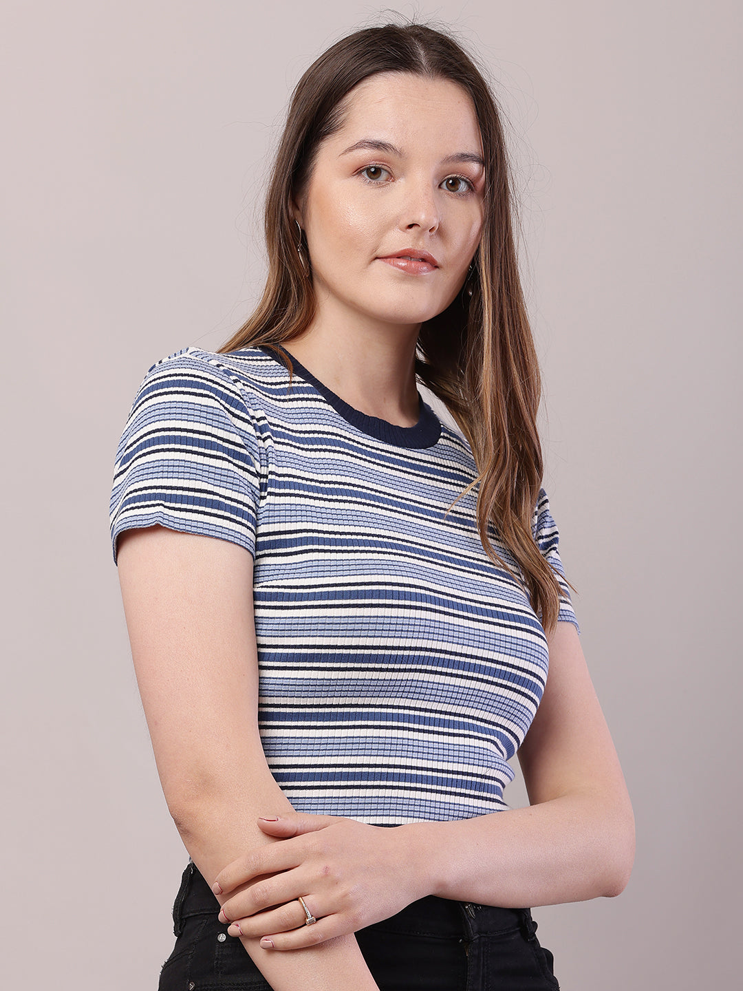 Cotton Round Neck with Short Sleeve Blue and white Stripe Top