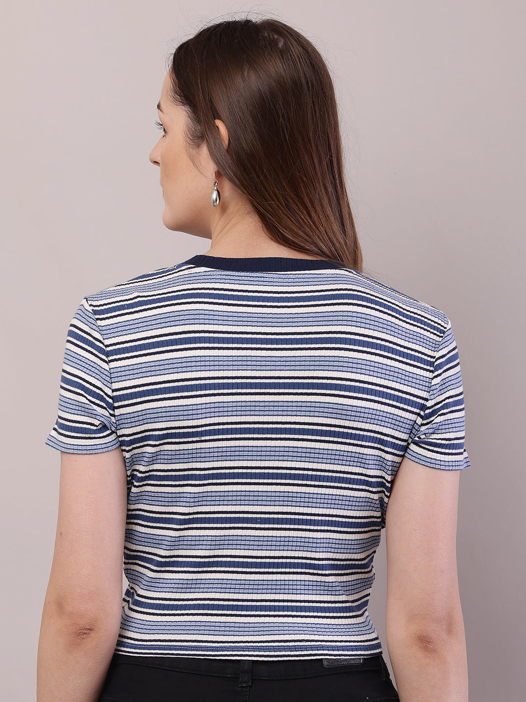 Cotton Round Neck with Short Sleeve Blue and white Stripe Top