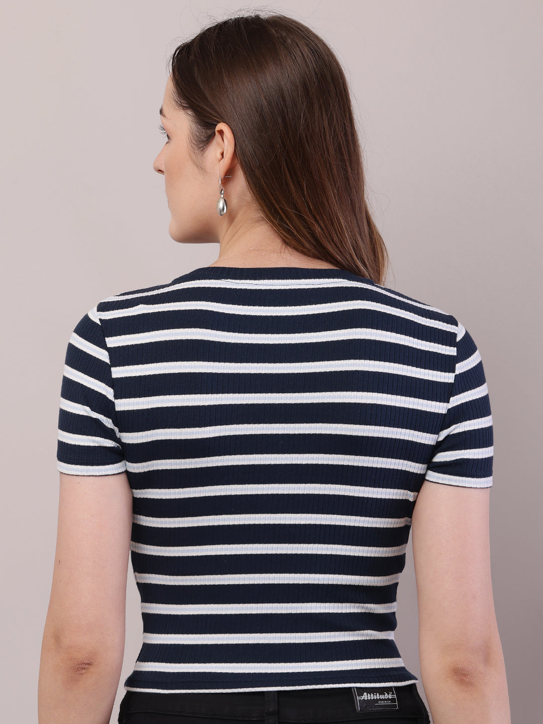 Cotton Round Neck with Short Sleeve Dark Blue and white Stripe Top