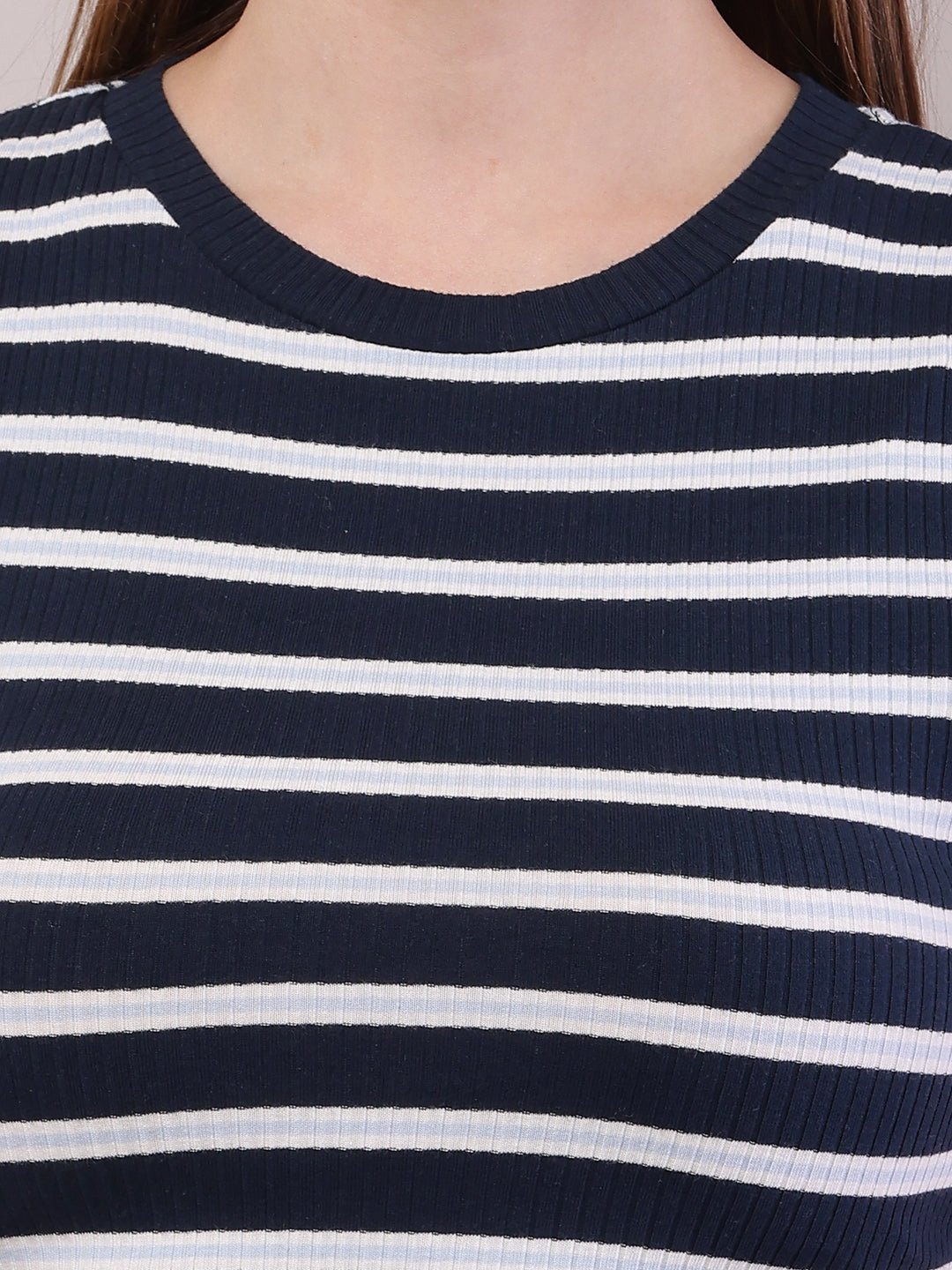 Cotton Round Neck with Short Sleeve Dark Blue and white Stripe Top