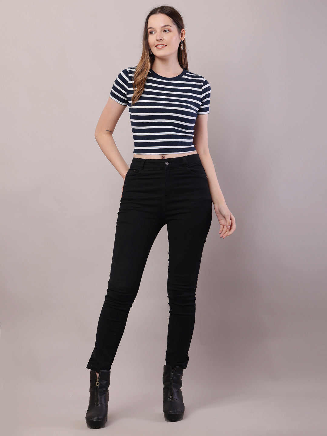 Cotton Round Neck with Short Sleeve Dark Blue and white Stripe Top