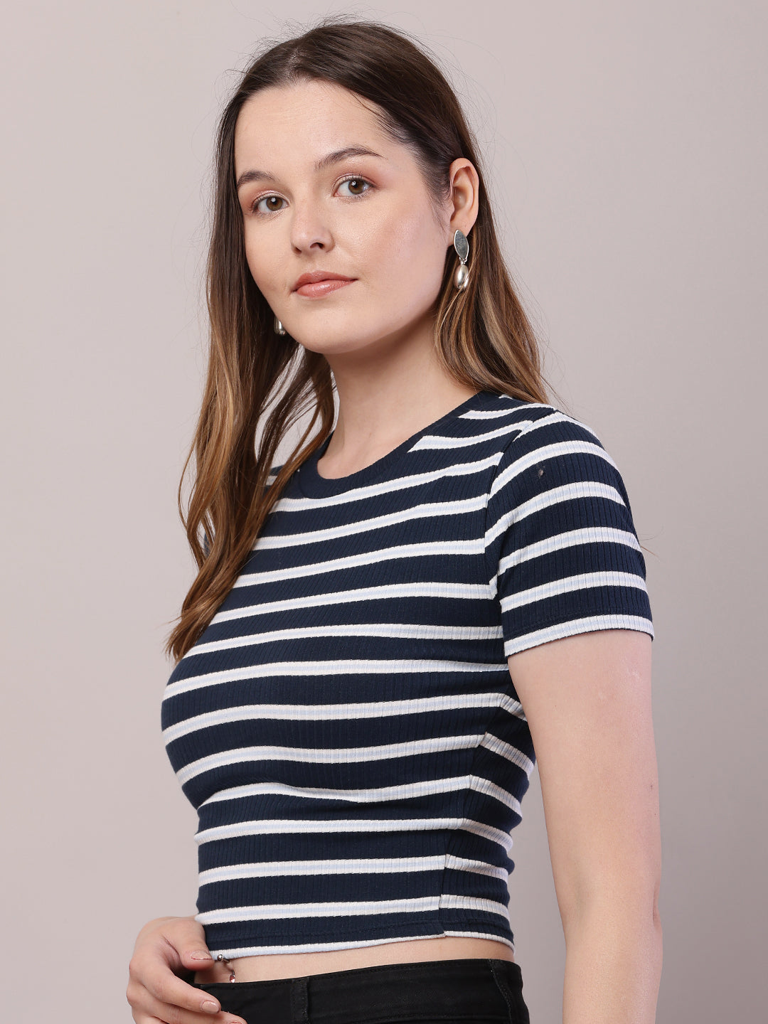 Cotton Round Neck with Short Sleeve Dark Blue and white Stripe Top