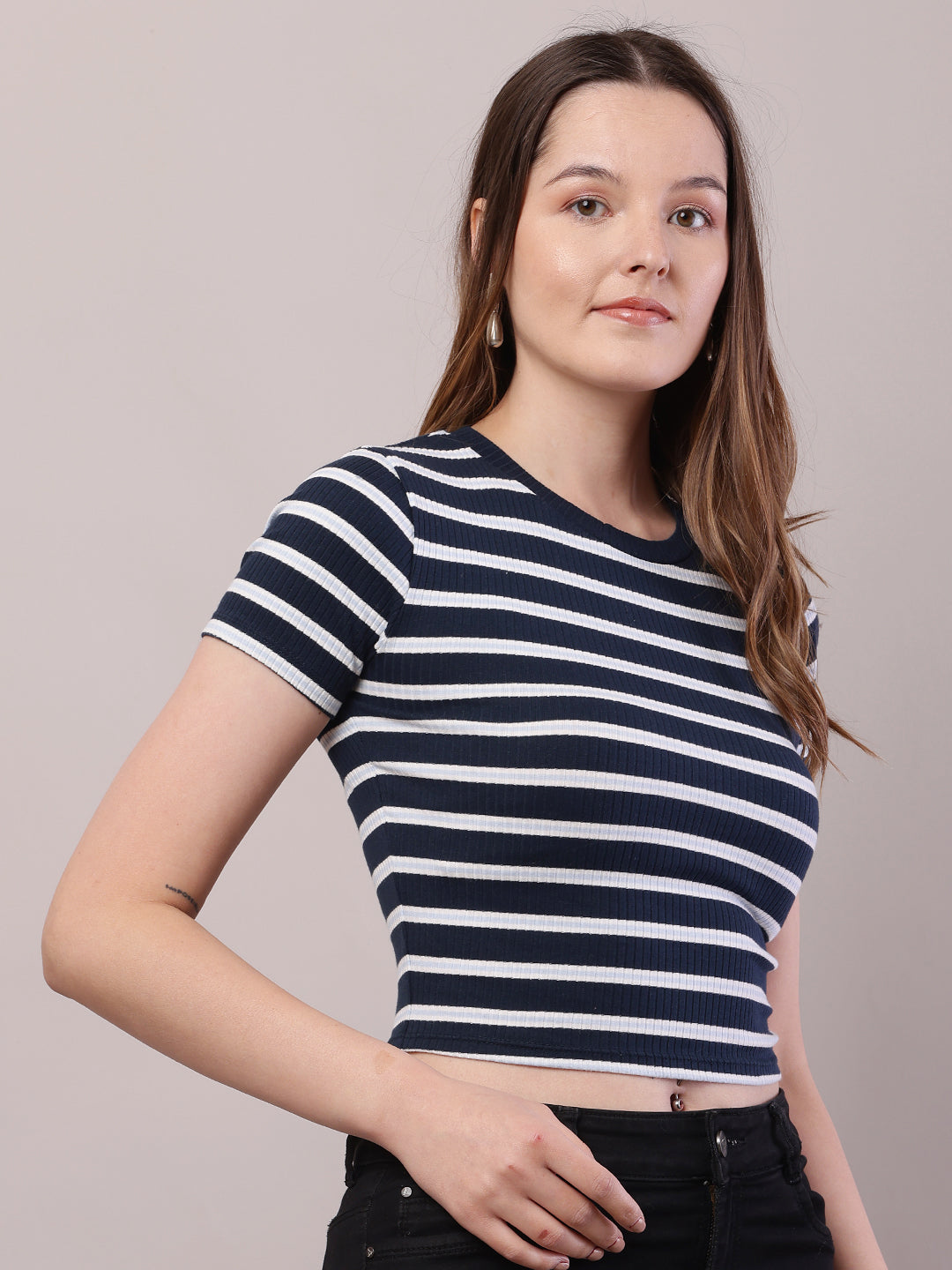 Cotton Round Neck with Short Sleeve Dark Blue and white Stripe Top