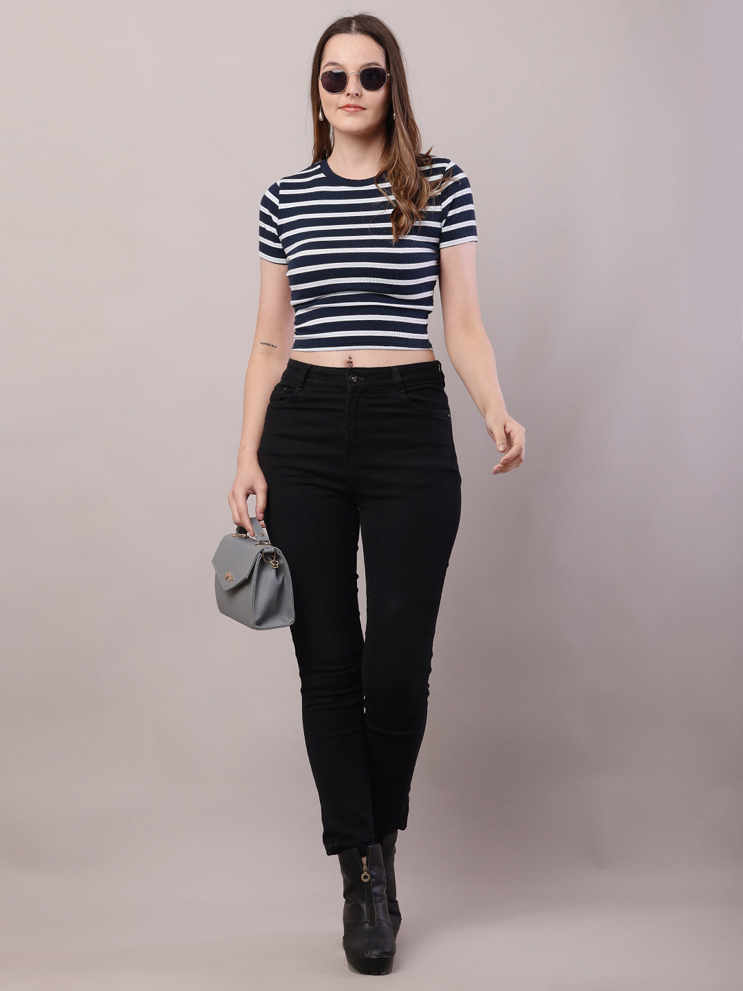 Cotton Round Neck with Short Sleeve Dark Blue and white Stripe Top
