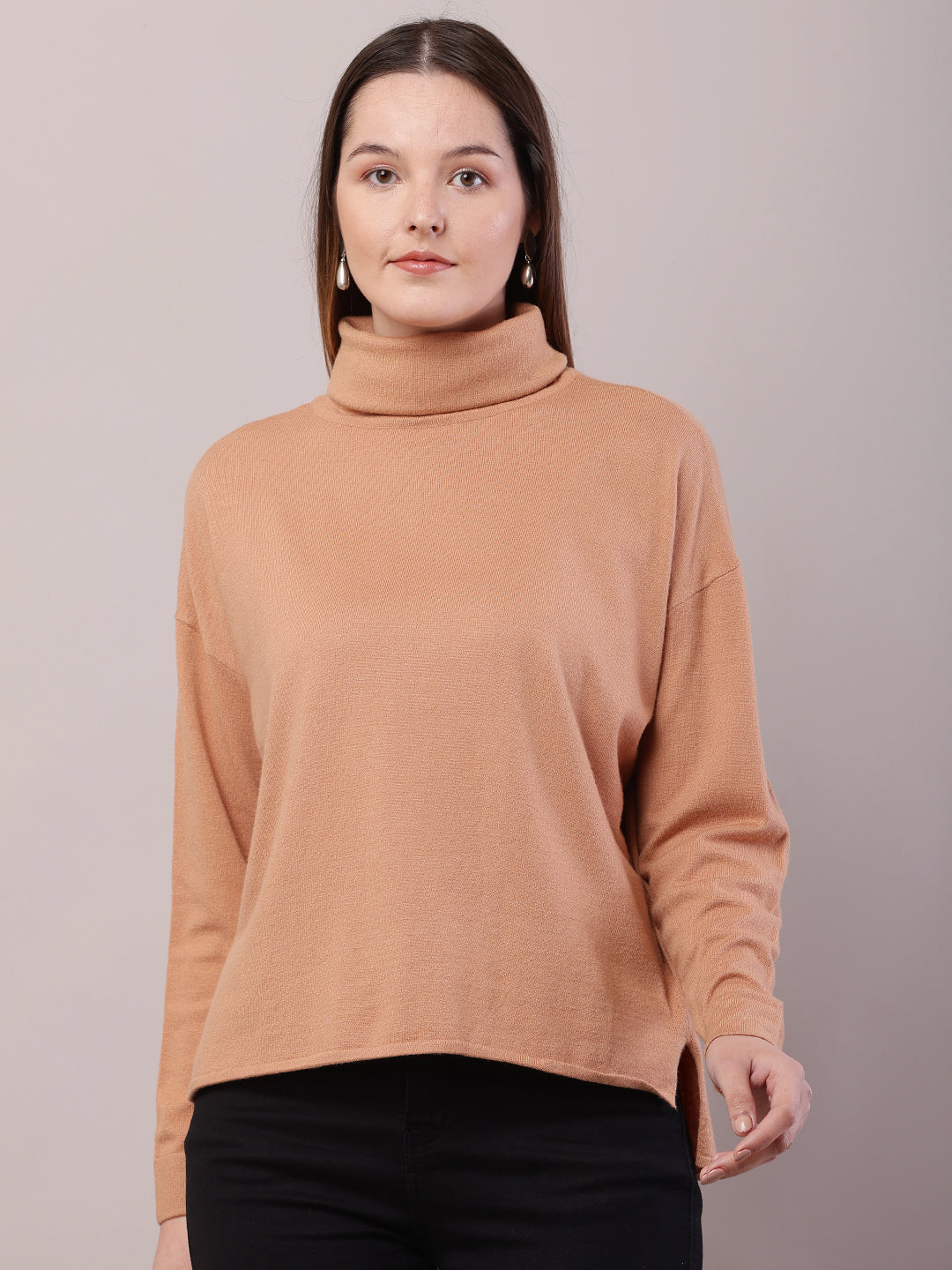 Viscose Full Sleeve with High-Neck Brown Sweater