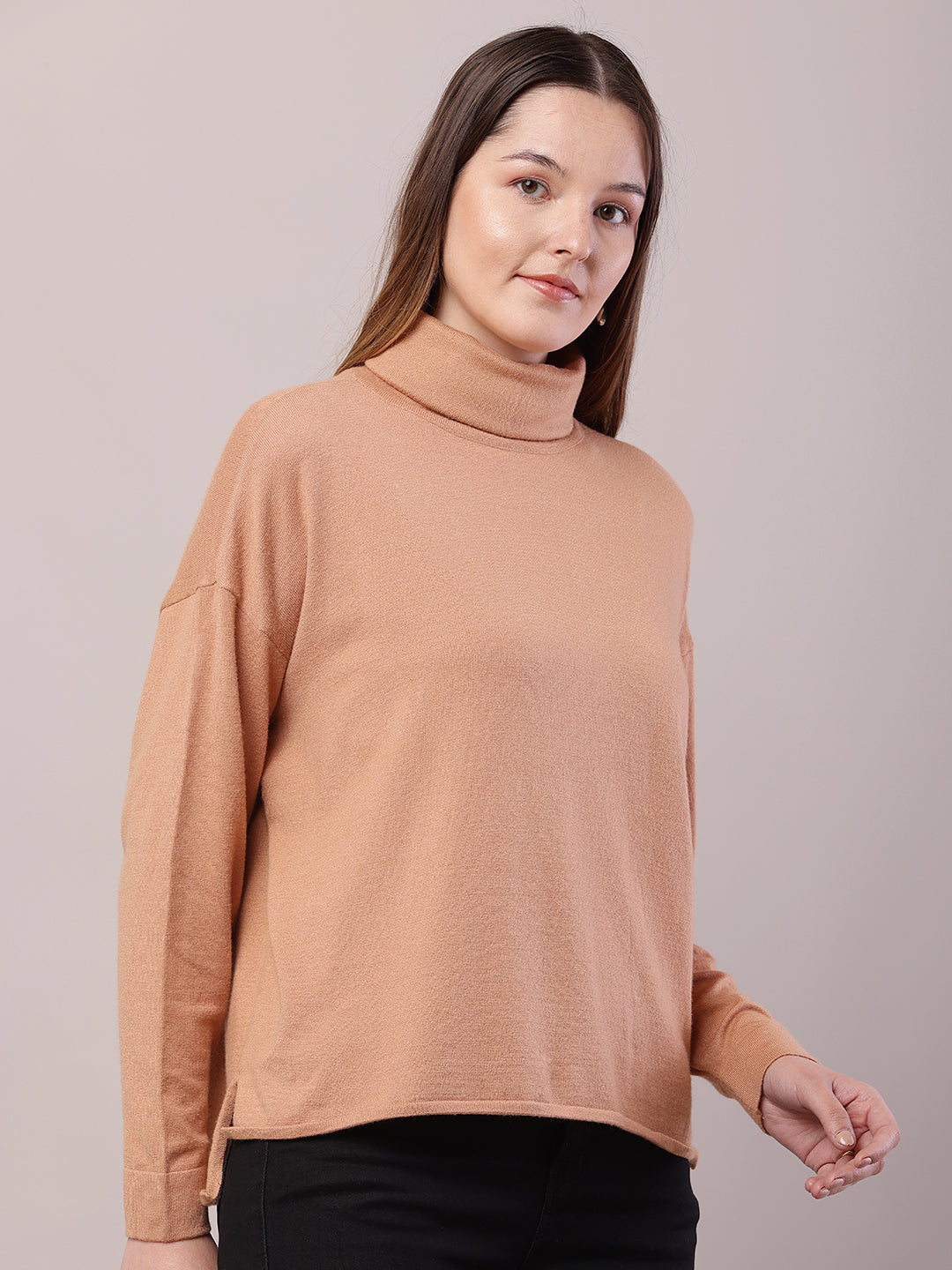 Viscose Full Sleeve with High-Neck Brown Sweater