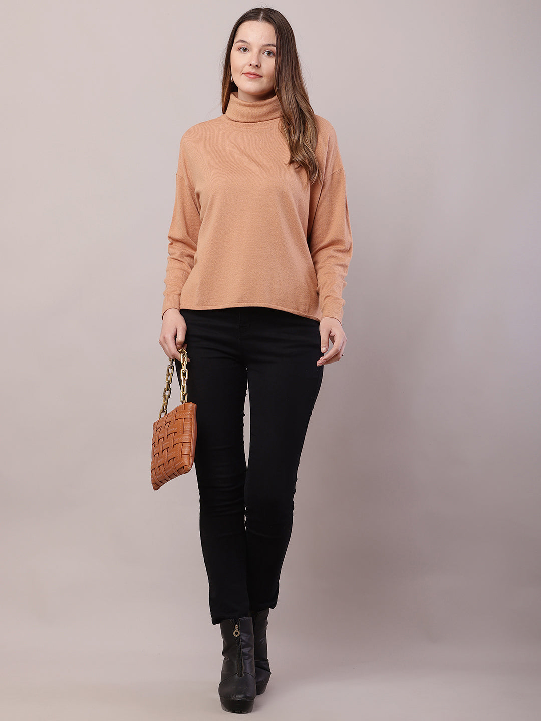 Viscose Full Sleeve with High-Neck Brown Sweater