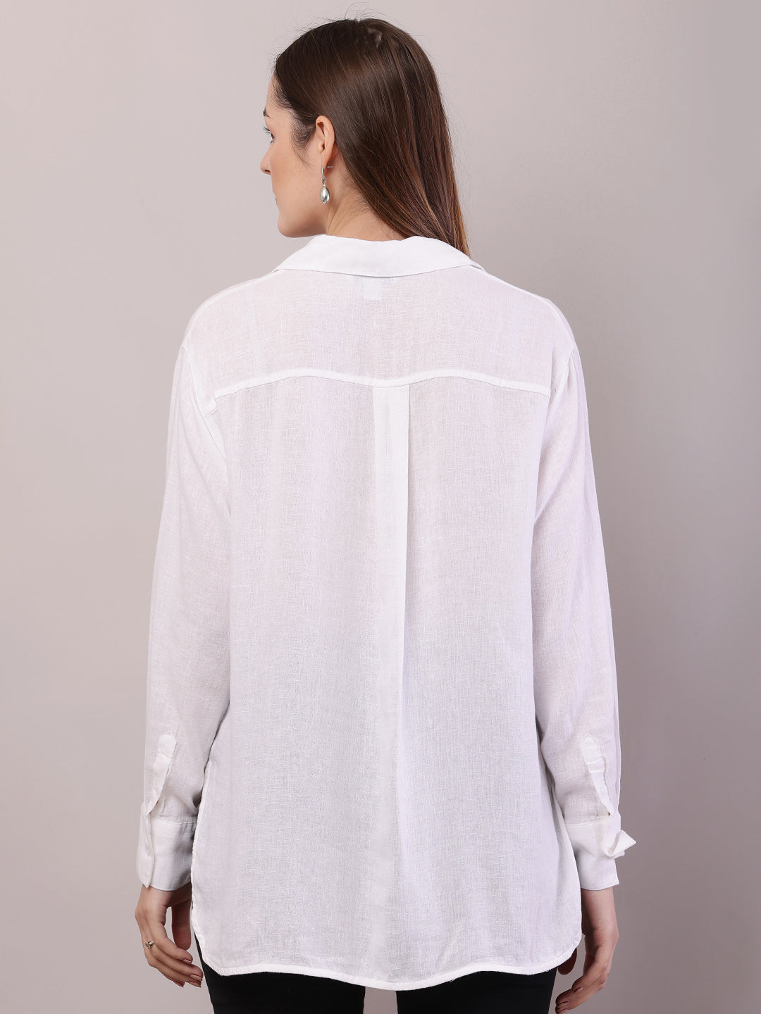 Linen Shirt Collar with Full Sleeve High-Low White Shirt