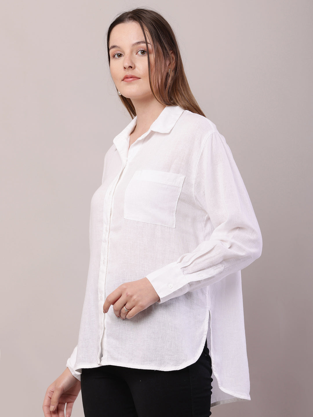 Linen Shirt Collar with Full Sleeve High-Low White Shirt
