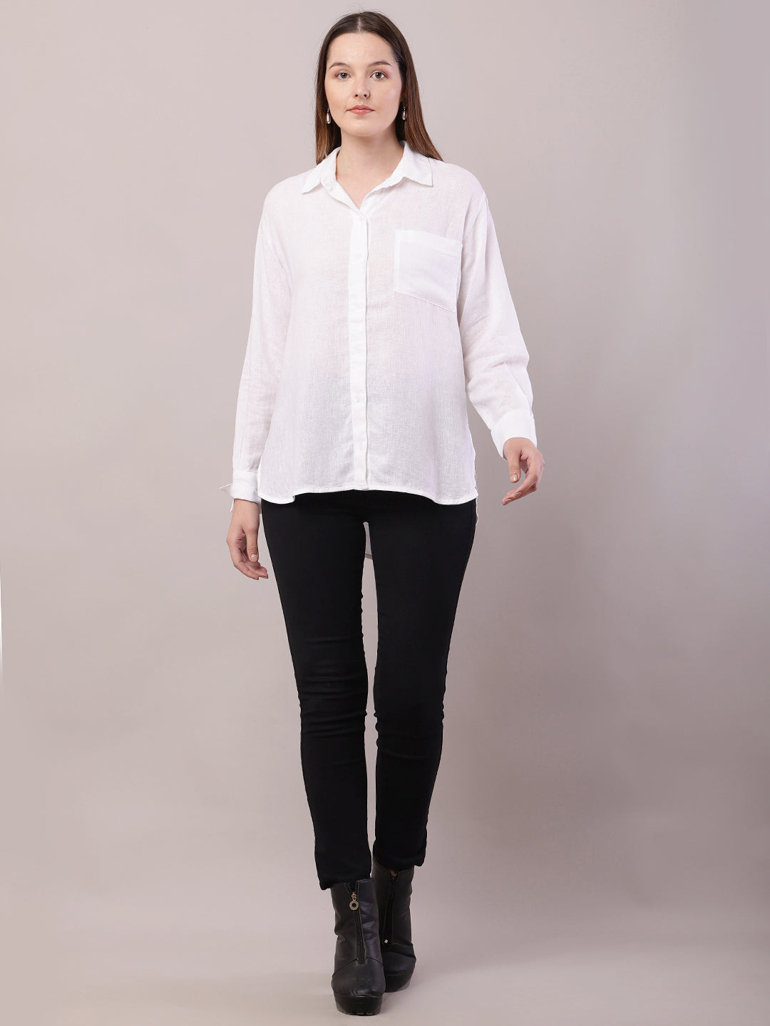 Linen Shirt Collar with Full Sleeve High-Low White Shirt