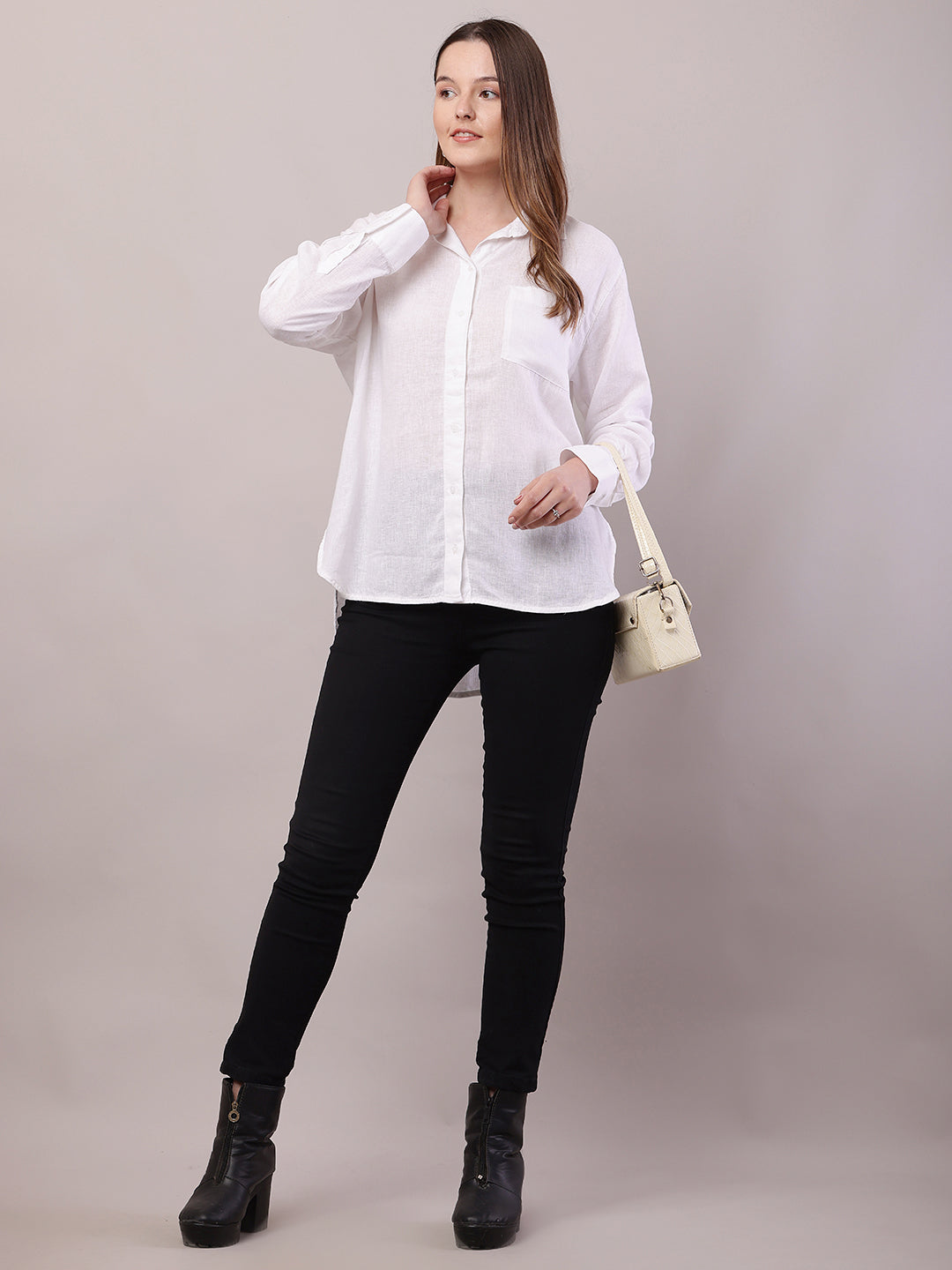 Linen Shirt Collar with Full Sleeve High-Low White Shirt