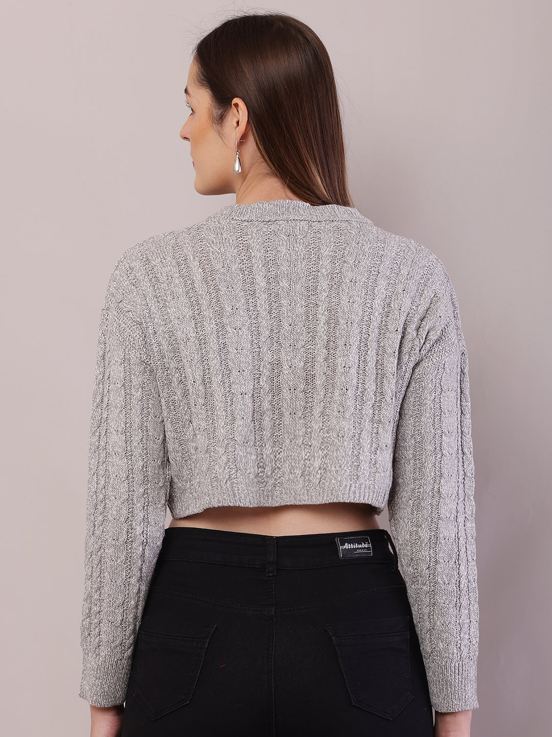 Acrylic Full Sleeve with Round Neck Light Grey Crop Sweater