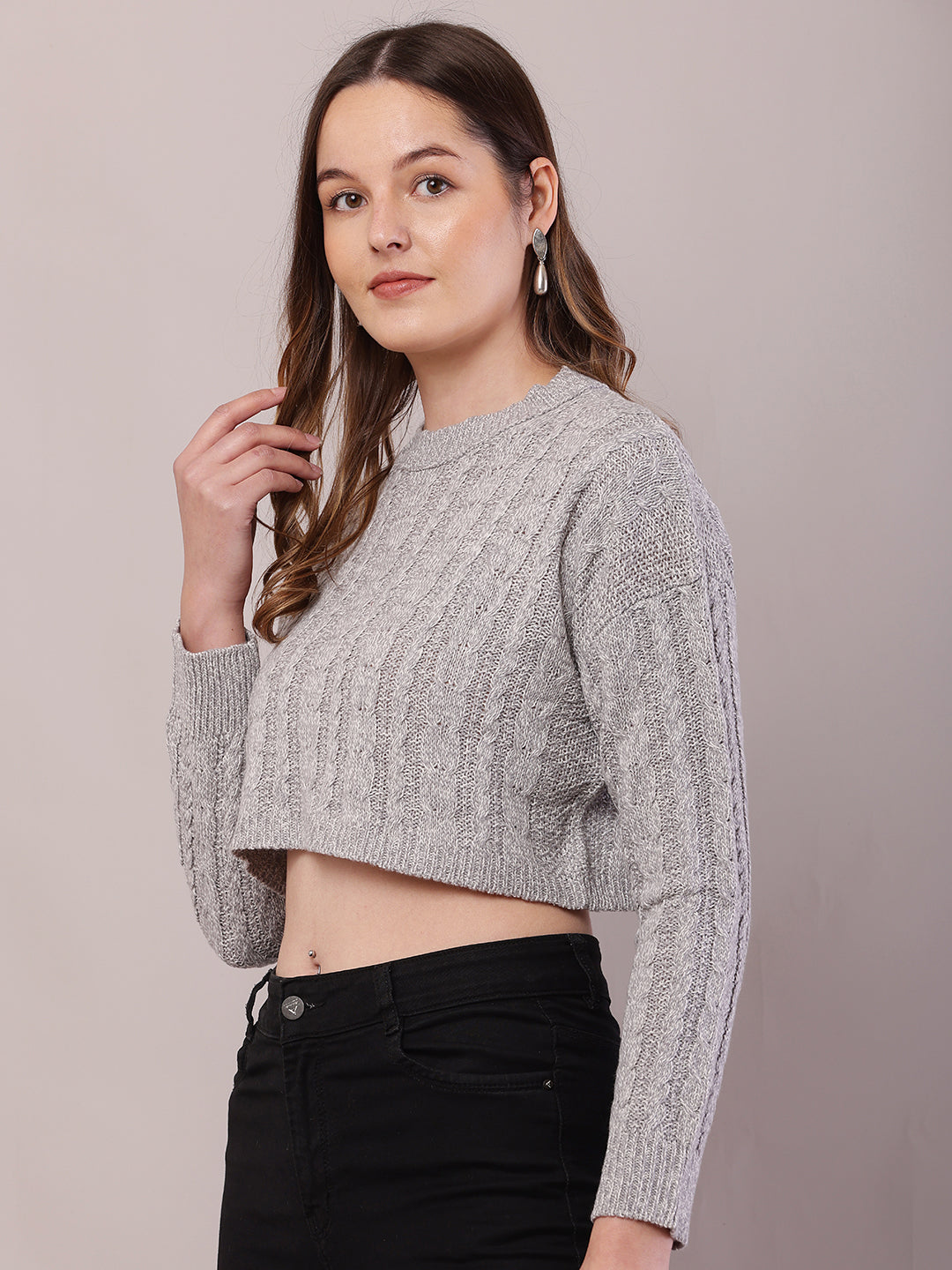 Acrylic Full Sleeve with Round Neck Light Grey Crop Sweater