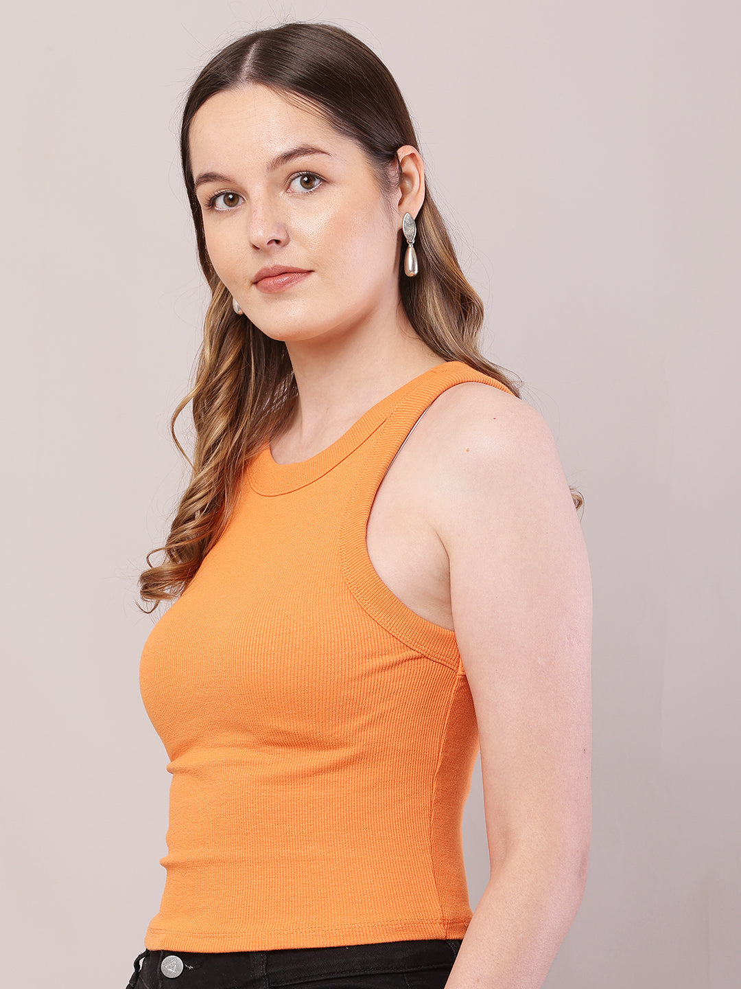 Cotton Sleeveless with Round Neck Orange Top