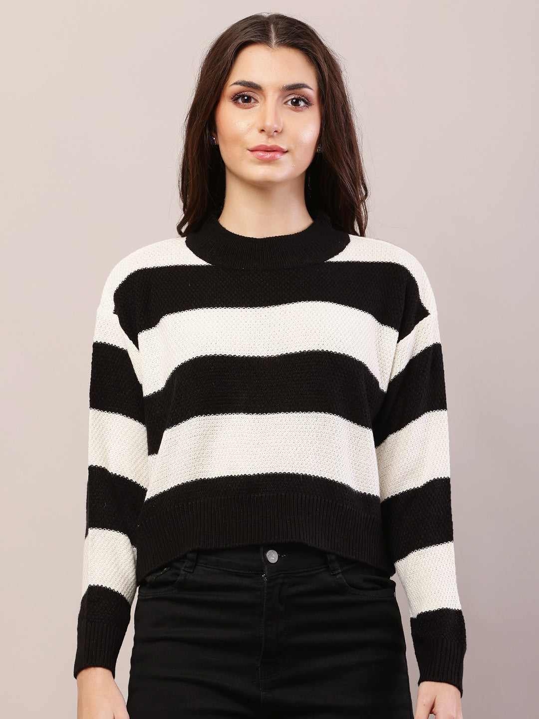 Acrylic Full Sleeve with Turtle Neck Striped Black and White Sweater