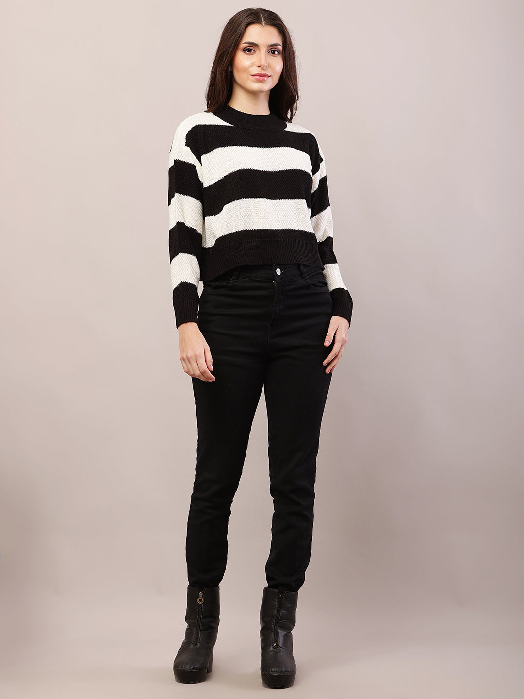Acrylic Full Sleeve with Turtle Neck Striped Black and White Sweater