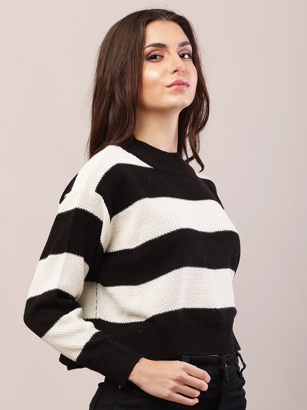 Acrylic Full Sleeve with Turtle Neck Striped Black and White Sweater