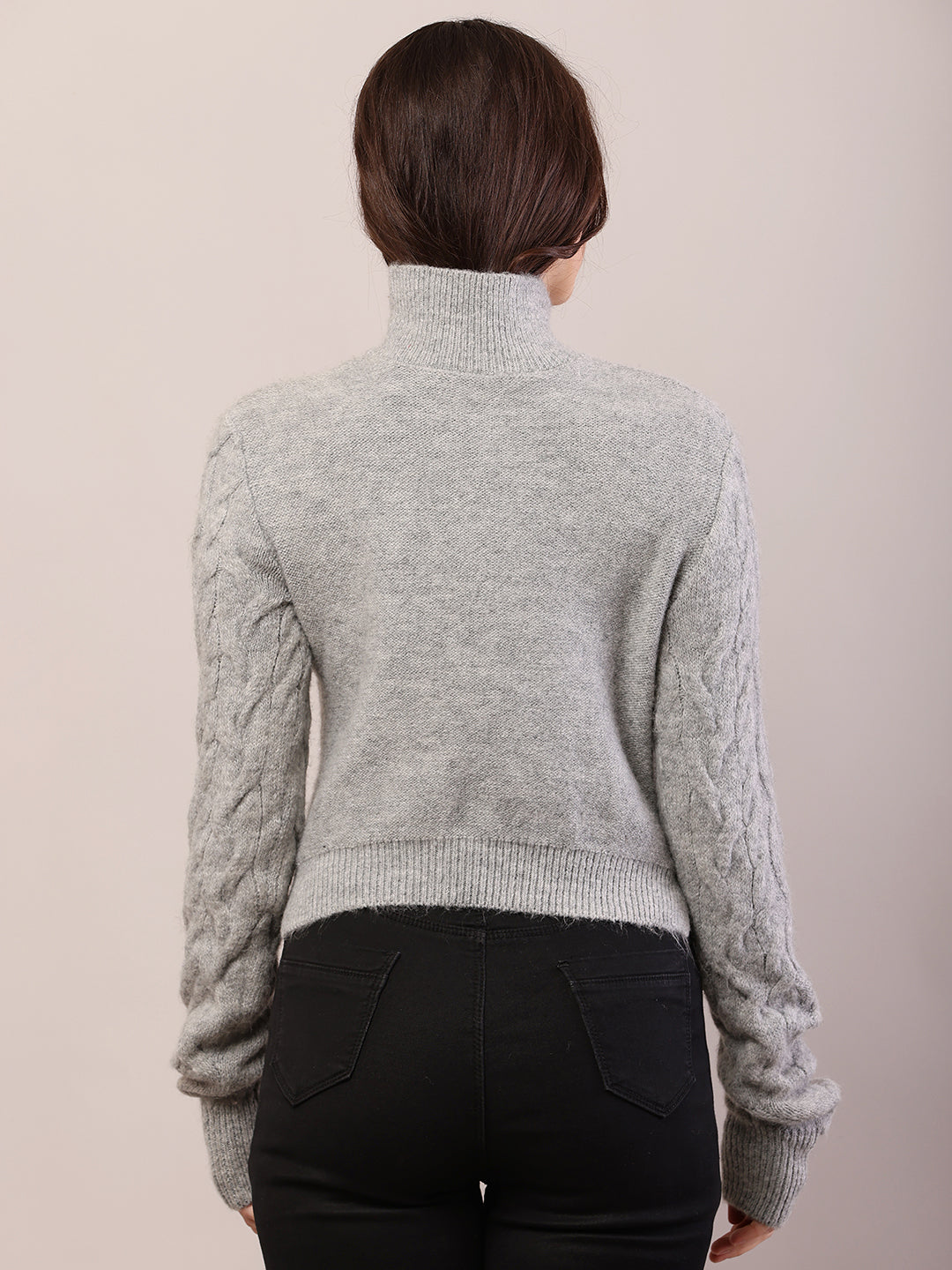 Acrylic Full Sleeve High-Neck Cable Knit Grey Sweater