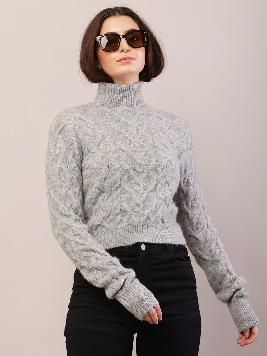 Acrylic Full Sleeve High-Neck Cable Knit Grey Sweater