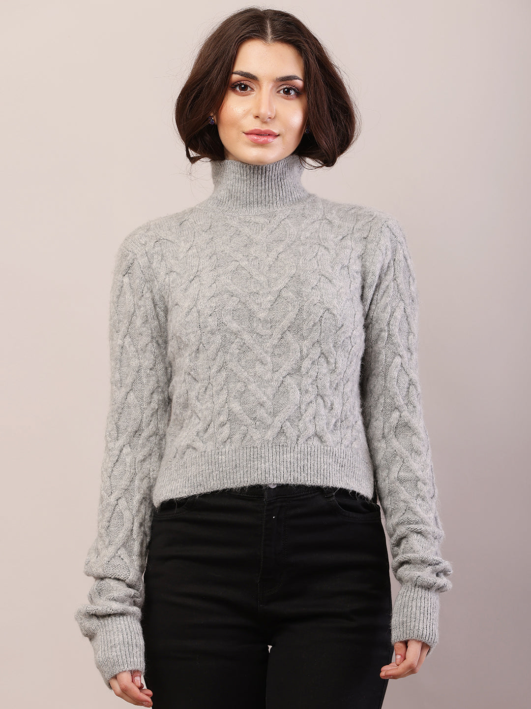 Acrylic Full Sleeve High-Neck Cable Knit Grey Sweater