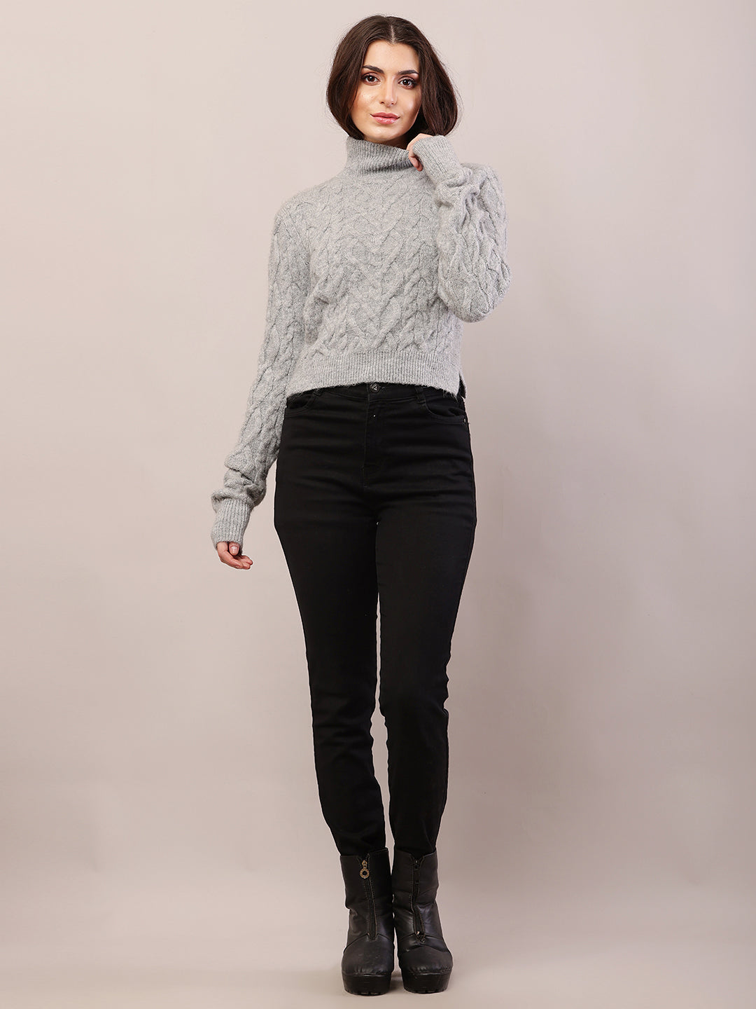 Acrylic Full Sleeve High-Neck Cable Knit Grey Sweater