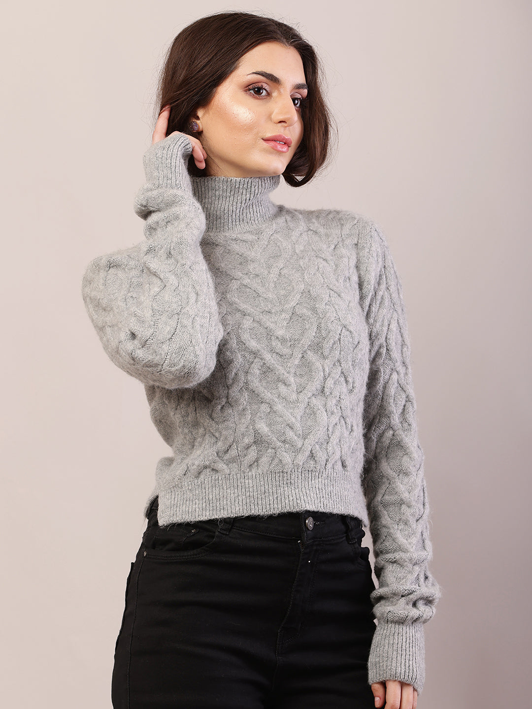 Acrylic Full Sleeve High-Neck Cable Knit Grey Sweater