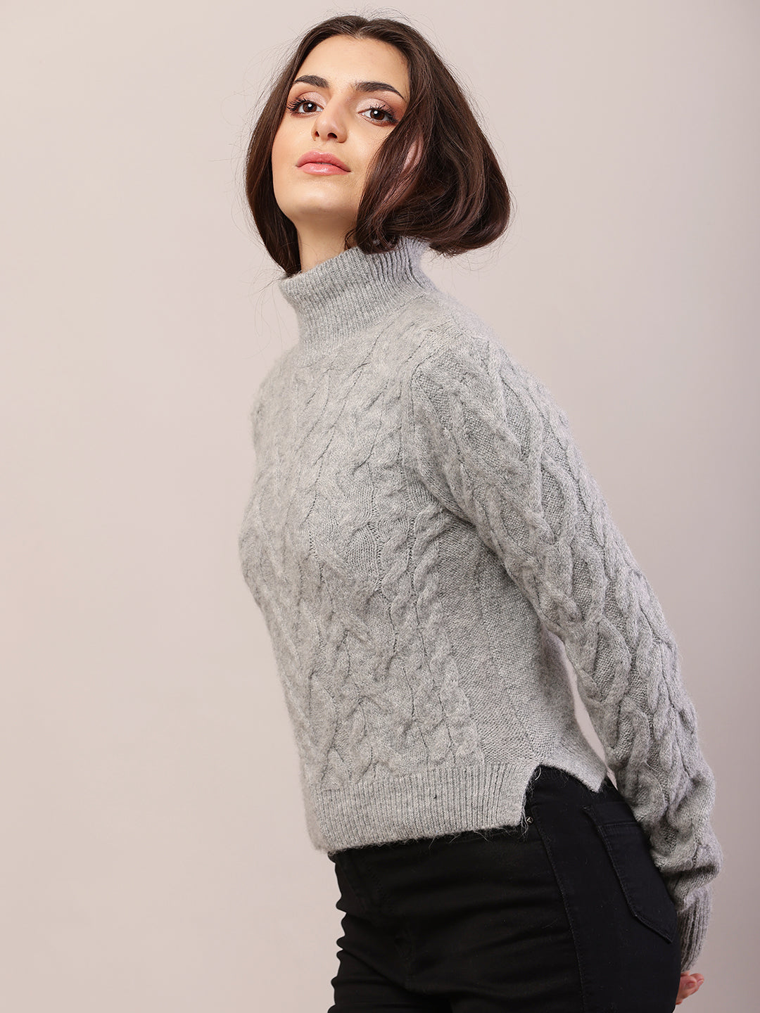Acrylic Full Sleeve High-Neck Cable Knit Grey Sweater