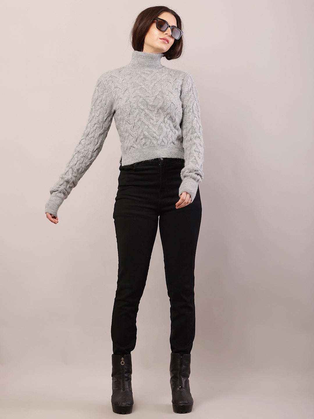 Acrylic Full Sleeve High-Neck Cable Knit Grey Sweater