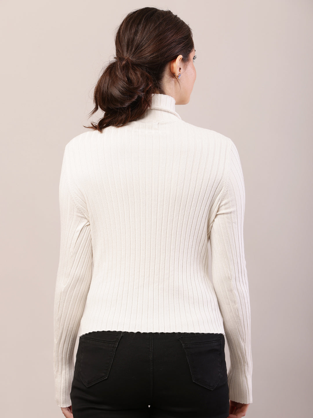 Viscose Full Sleeve with High-Neck Fitted Ribbed White Sweater