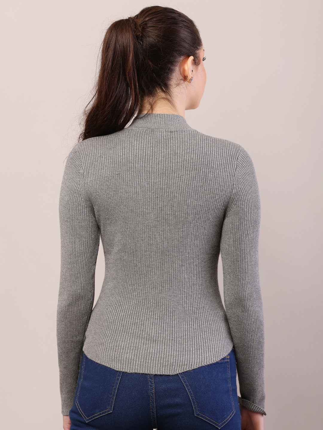 Viscose Full Sleeve with Turtle Neck Ribbed Grey Sweater