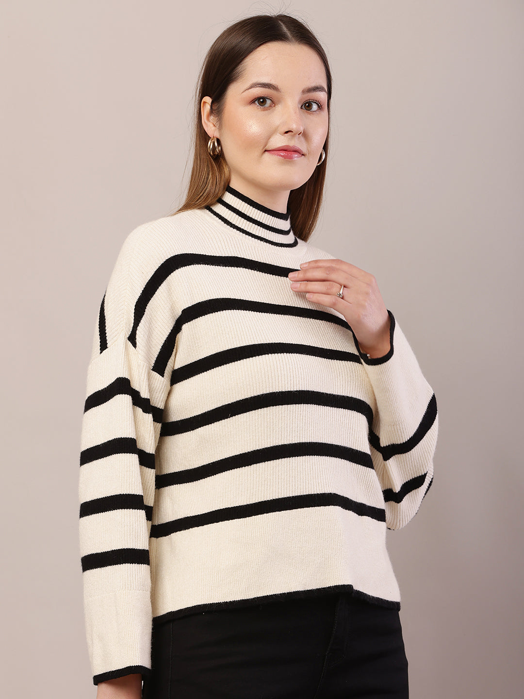 Acrylic High-Neck Full Sleeve Striped Cream and Black Sweater