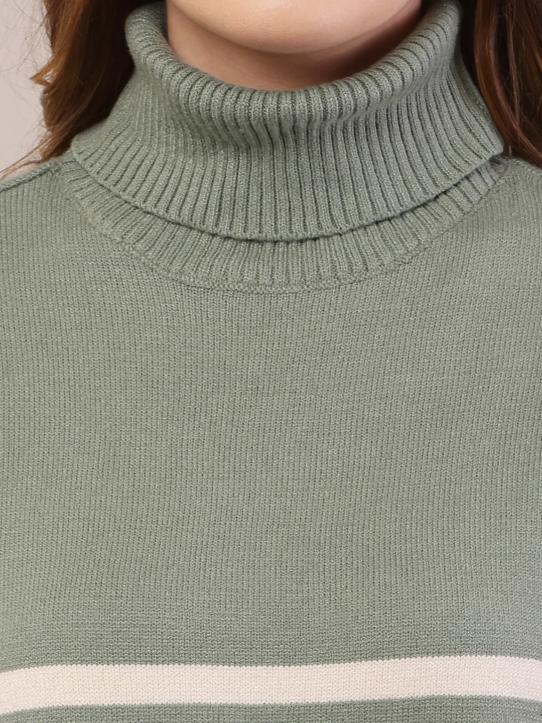 Acrylic Full Sleeve with High Neck Striped Green Sweater