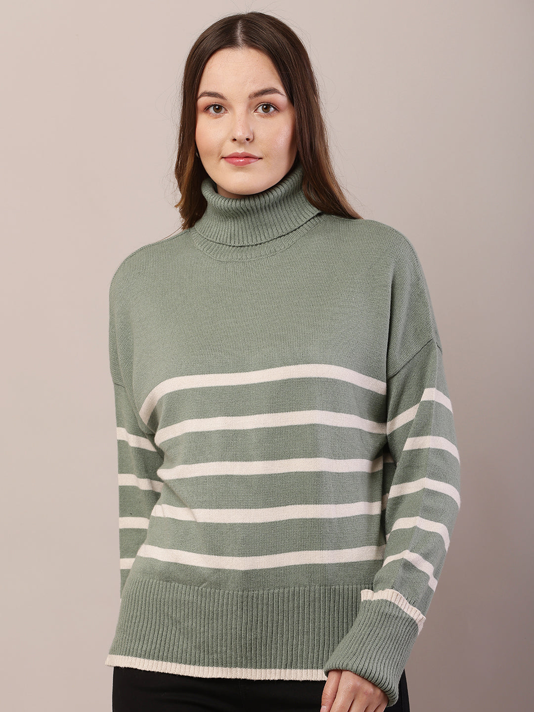 Acrylic Full Sleeve with High Neck Striped Green Sweater