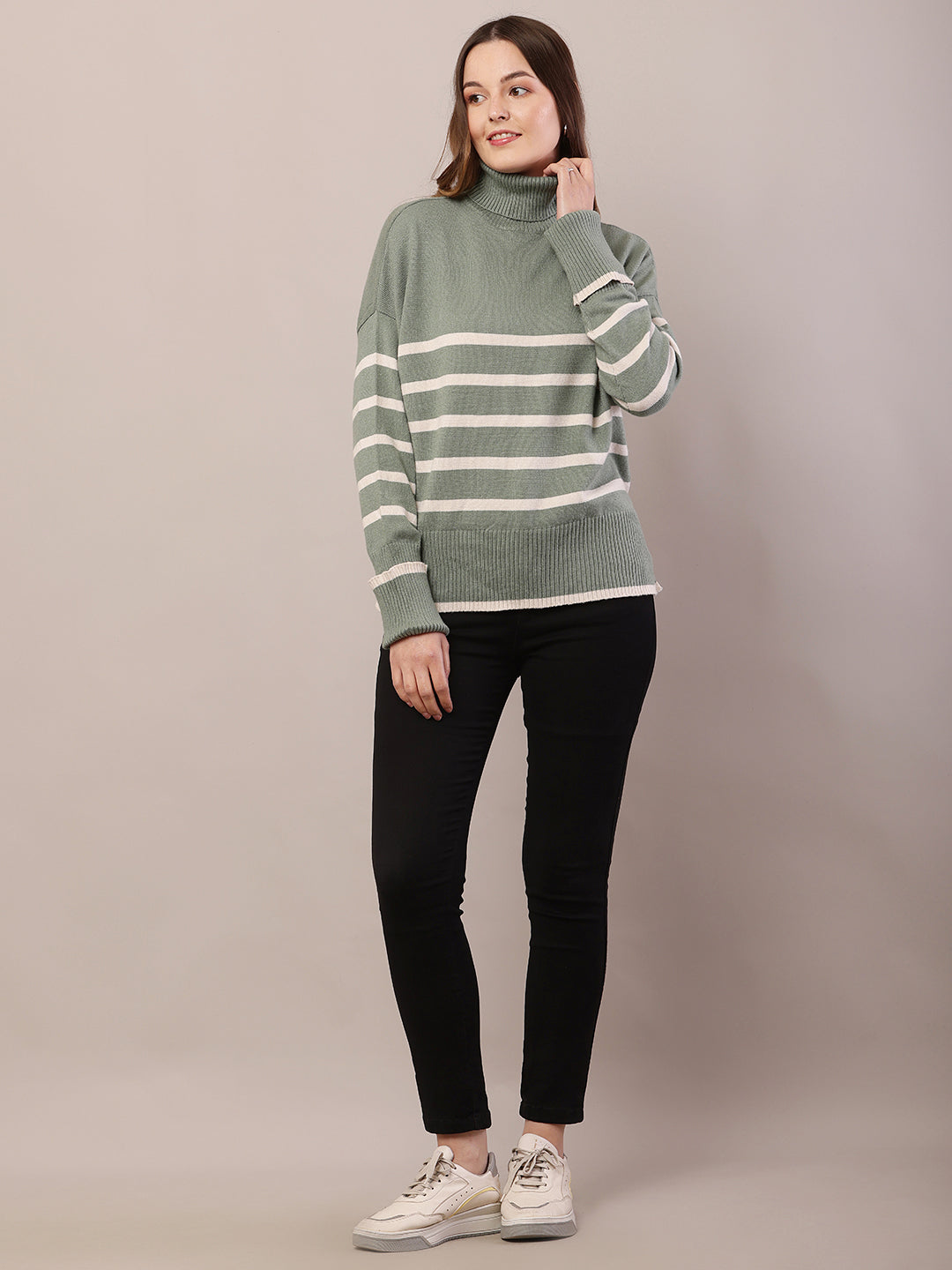 Acrylic Full Sleeve with High Neck Striped Green Sweater