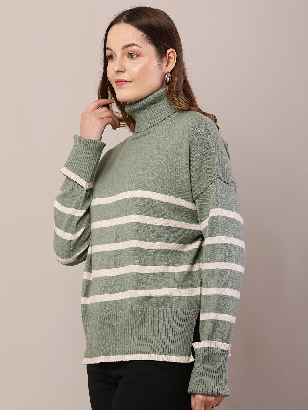 Acrylic Full Sleeve with High Neck Striped Green Sweater