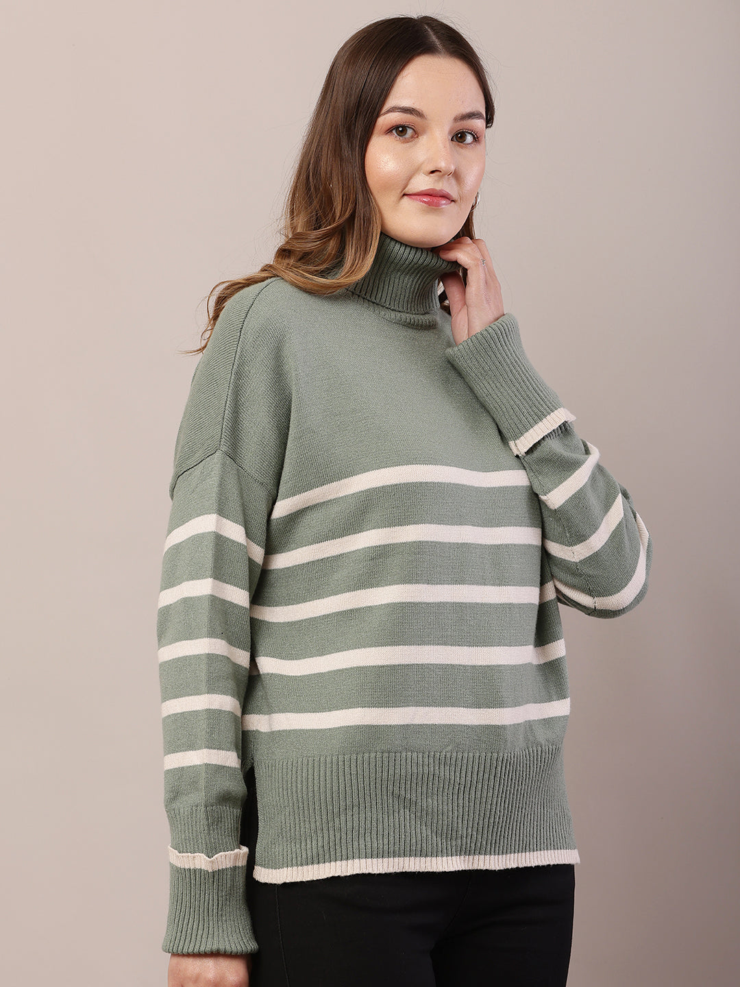 Acrylic Full Sleeve with High Neck Striped Green Sweater