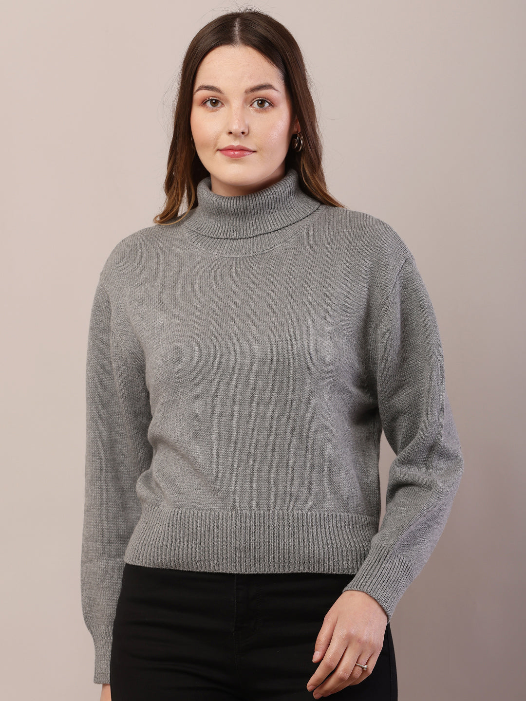 Acrylic Full Sleeve with High-Neck Grey Sweater