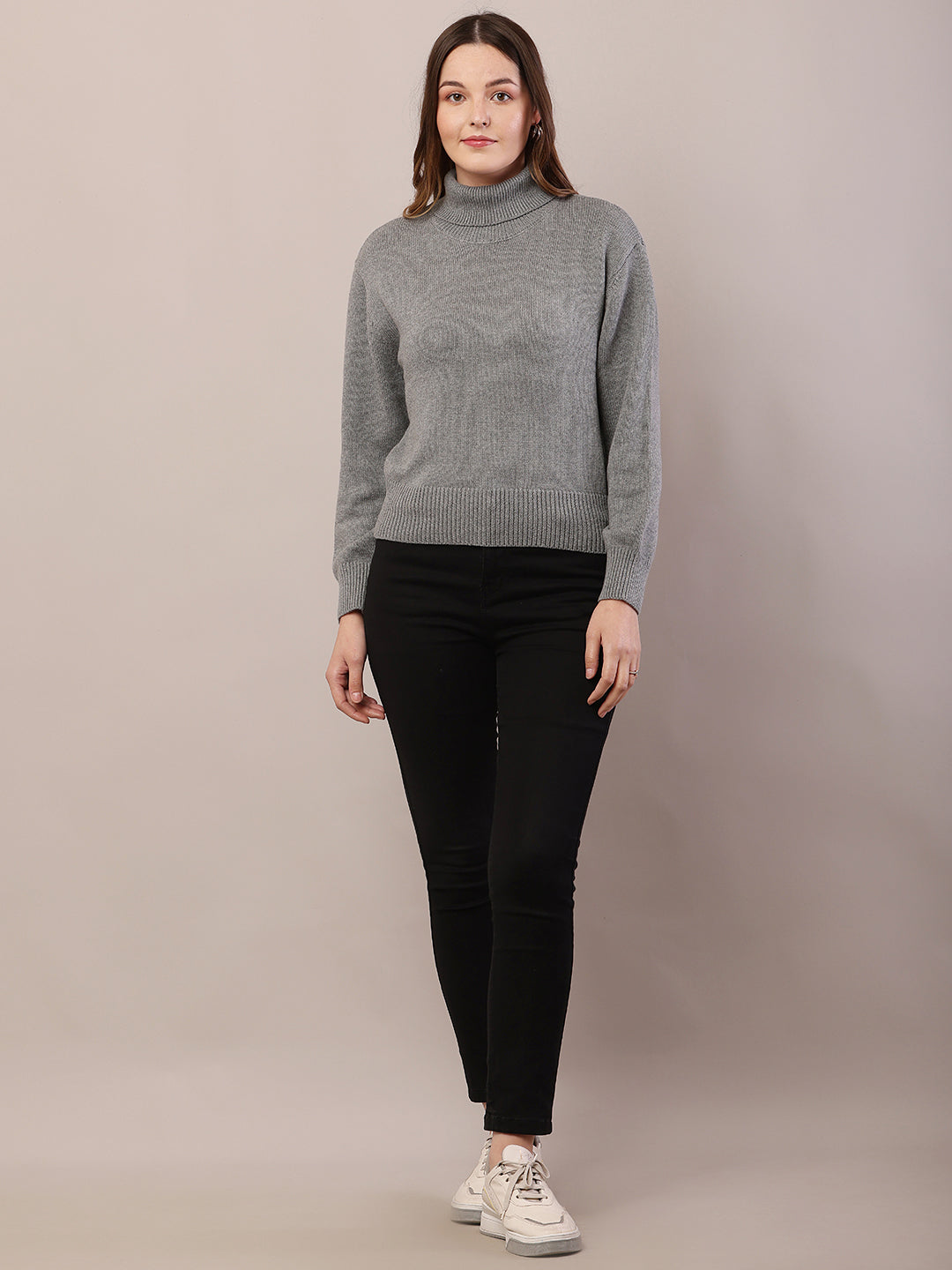 Acrylic Full Sleeve with High-Neck Grey Sweater