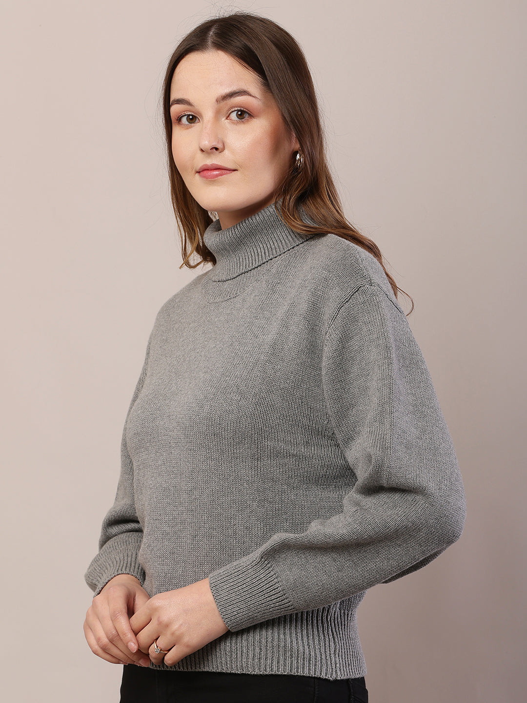 Acrylic Full Sleeve with High-Neck Grey Sweater