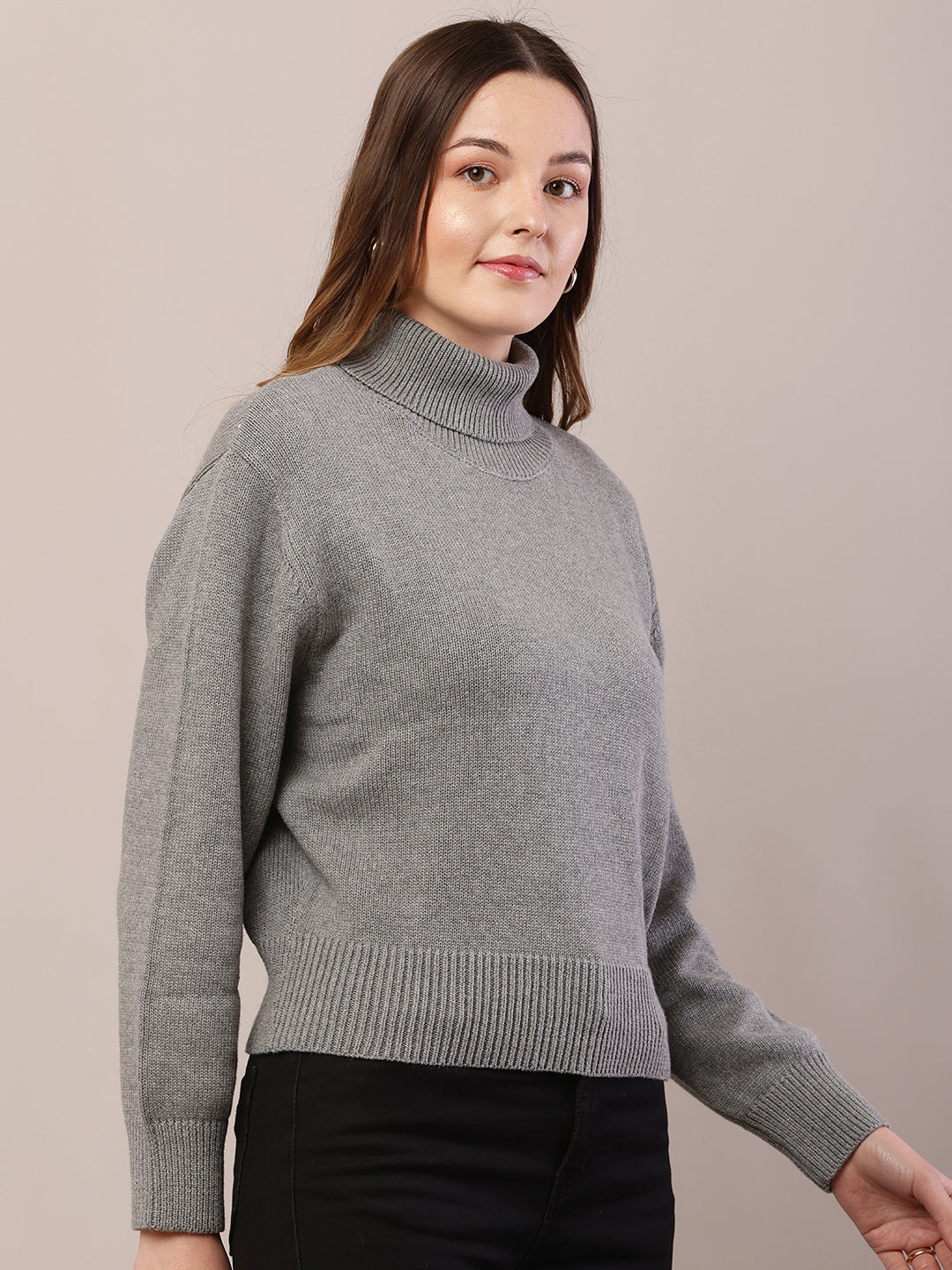 Acrylic Full Sleeve with High-Neck Grey Sweater