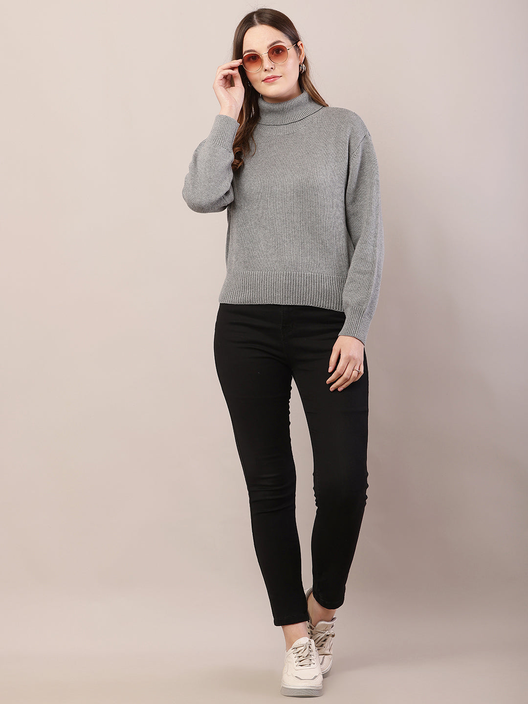 Acrylic Full Sleeve with High-Neck Grey Sweater