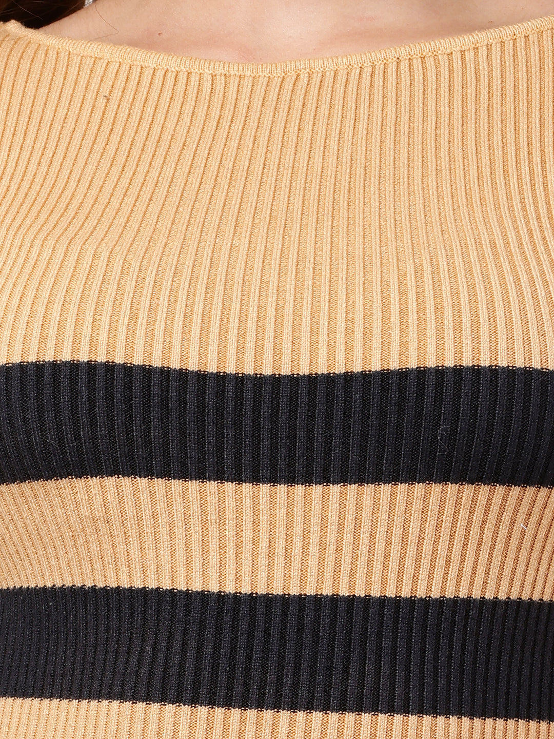 Viscose Round Neck with Full Sleeve Striped Brown Bodycon Dress